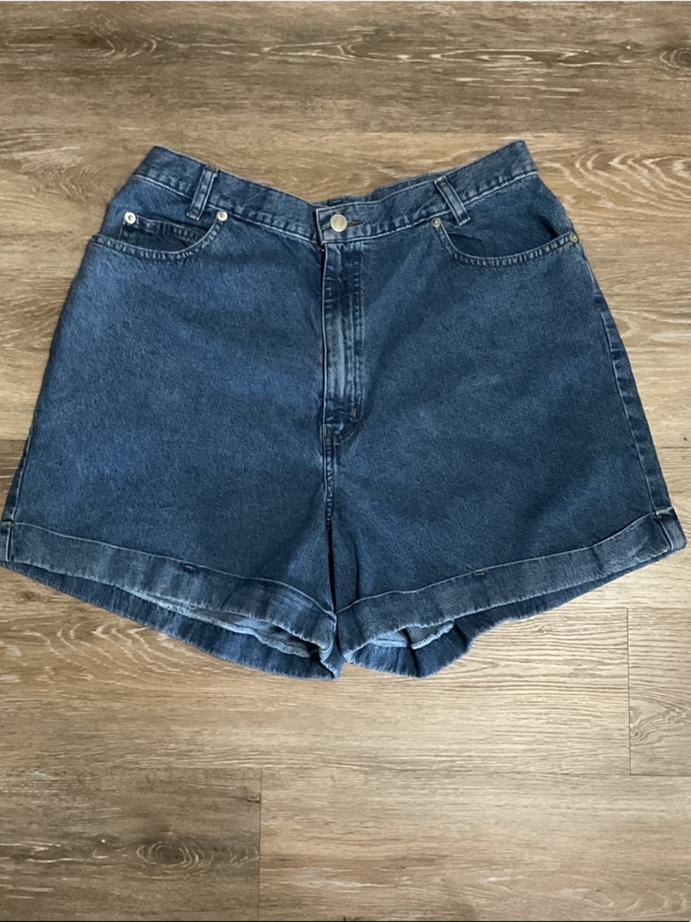 High-Rise Dark Blue Denim Cuffed Women's Shorts